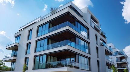 Obraz premium Modern apartment building facade, new apartment buildings exterior,Modern architecture of urban residential apartment building. Apartment building exterior, residential house facade,Modern office 