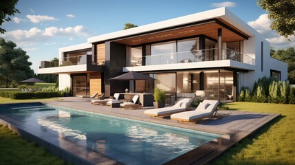 Fototapeta premium 3d rendering of an upscale modern villa with pool and garden