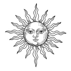 Vintage retro illustration drawing of the sun with human face with beams. 