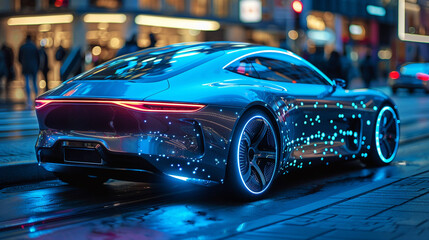 Fototapeta na wymiar A futuristic electric car driving on a smart road with LED lights, futuristic cityscape.