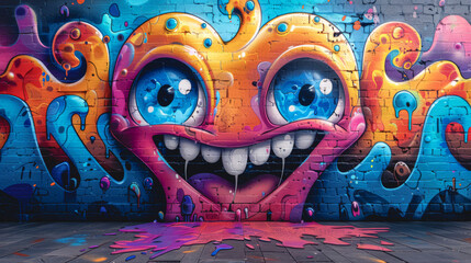 Street art composition with cartoon monster character, graffiti style. - 791771464