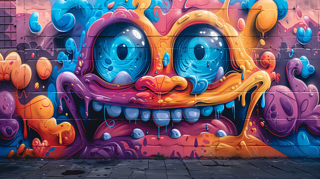 Street art composition with cartoon monster character, graffiti style.