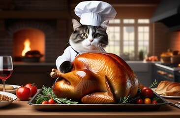 Funny cat in chef's hat and uniform cooks in kitchen, there is chicken or turkey on table on baking sheet, ideas for culinary business, cooking courses, master classes, training, delicious recipes