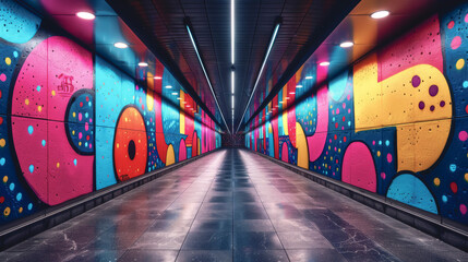 Tunnel with bright graffiti art on the walls. - 791771850