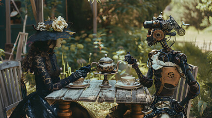 A steampunk-themed tea party hosted by robots in a whimsical garden filled with gears and vintage machinery. Epic photoshoot.


