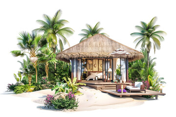 Beachside villa with a tropical garden and a private cabana for ultimate relaxation, isolated on solid white background.