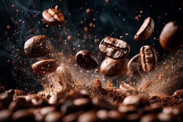 Coffee beans flying In the air in dark tone background