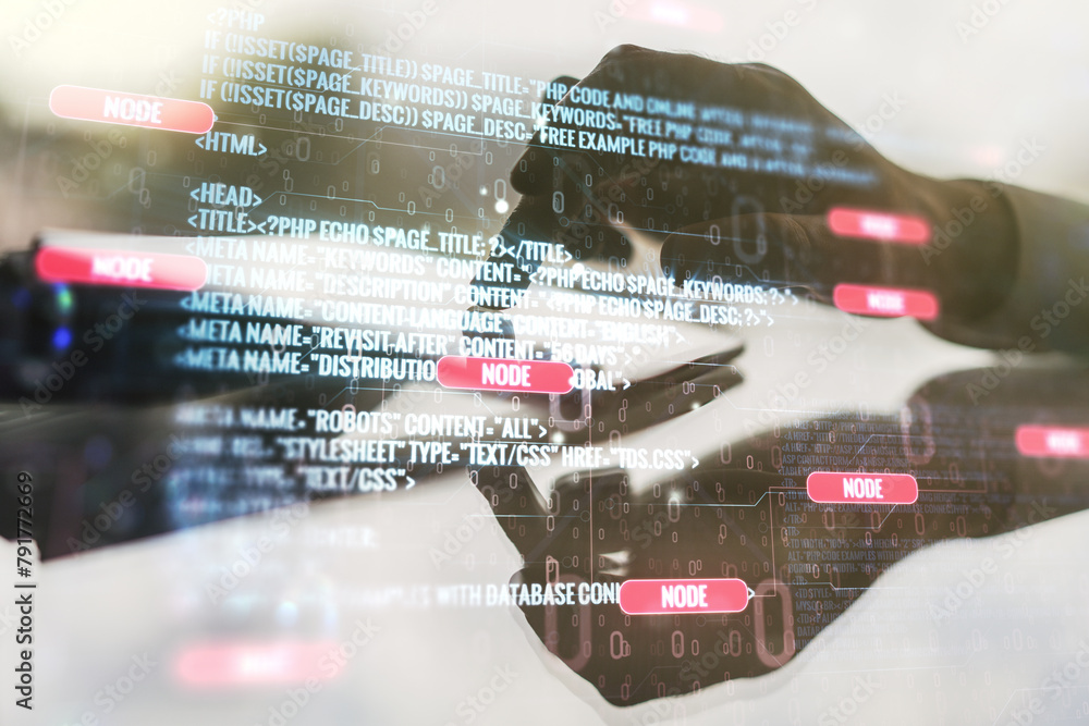 Leinwandbilder multi exposure of abstract programming language hologram and hand working with a digital tablet on b