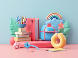Cartoon-style 3D rendering of assorted school equipment on a podium, presented against a sleek, minimal backdrop