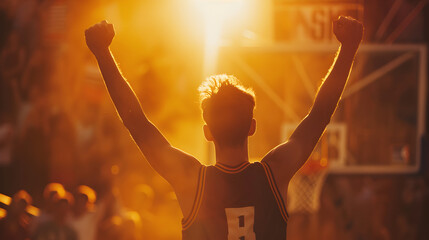 Dramatic silhouette of a basketball player celebrating a game-winning shot with arms raised triumphantly.


