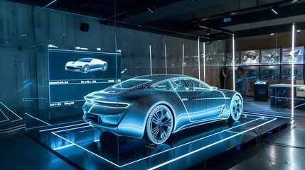 Interactive 3D Hologram in Luxury Car Showroom Allowing Detailed of Latest Model - obrazy, fototapety, plakaty