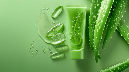 a tube of soothing aloe vera gel with a refreshing green hue, emphasizing its natural ingredients and cooling effect on the skin without logos.