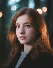 Ritratto di giovane donna con i capelli rosso-castani che guarda intensamente verso lo spettatore, al buio con sfondo sfocato nel bosco.