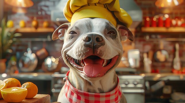 Playful 3D-rendered American Pit Bull Terrier chef in a sleek, minimal setting, with cheerful emojis enhancing the fun vibe