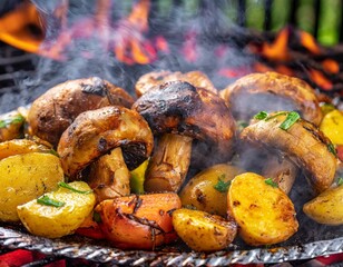 Sizzle and steam of a freshly grilled porcini mushrooms , adorned with vibrant potatoes. Steam and fire for the BBQ saison.