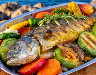 Capture the sizzle and steam of a freshly grilled entire fish, adorned with vibrant grilled vegetable. Background of seaside view.