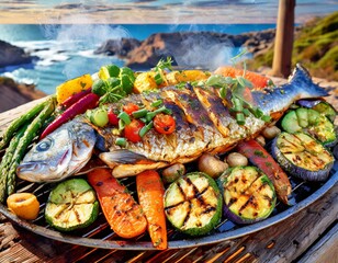 Capture the sizzle and steam of a freshly grilled entire fish, adorned with vibrant grilled vegetable. Background of seaside view.
