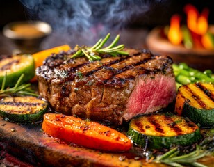 Capture the sizzle and steam of a freshly grilled steak, adorned with vibrant grill marks.