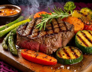 Capture the sizzle and steam of a freshly grilled steak, adorned with vibrant grill marks.