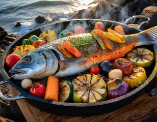 Capture the sizzle and steam of a freshly grilled entire fish, adorned with vibrant grilled vegetable. Background of seaside view.