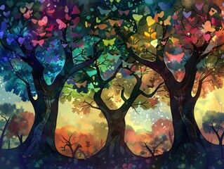 Iridescent Leaves D Illustrated Trees Transform Carbon Dioxide into a Vibrant Kaleidoscope