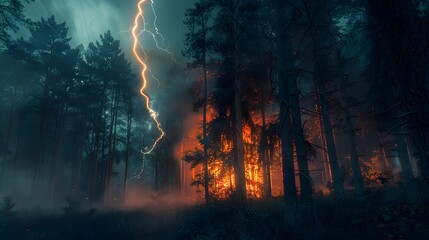 Eerie Forest Ignited by a Lone Lightning Strike at Night