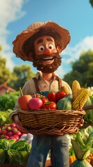 A farmer in 3D cartoon style holding a basket of fresh produce, close-up with a picturesque morning farm background