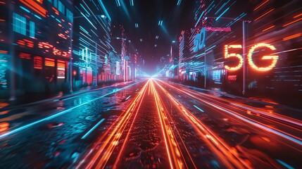 A futuristic 3D-rendered scene illustrating the power of 5G internet, with hi-tech elements and a sense of blistering speed - obrazy, fototapety, plakaty