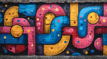 Abstract graffiti pattern on a brick wall in pink, blue and yellow colors. - 791773694