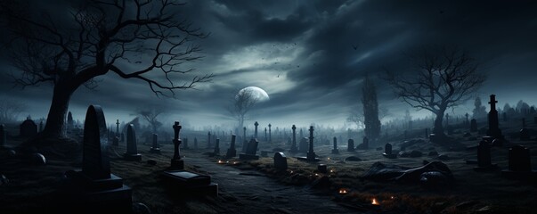 A dark and gloomy cemetery at night. The full moon is shining through the clouds and there is a slight fog on the ground.