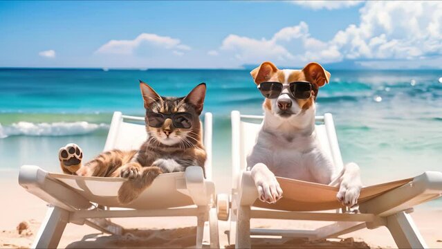 Dog and cat vacation with sunglasses lazy relax funny summer beach chair. AI Footage.