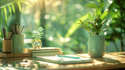A peaceful home office setup bathed in sunlight with stationery in calm tones and fresh green plants enhancing productivity.