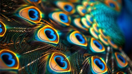 Vivid Peacock Feather Close-Up with Water Droplets and Glass Bead Detail in Blue Hue, Patterned Texture