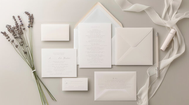 Wedding invitation suite with lavender sprigs on a neutral background