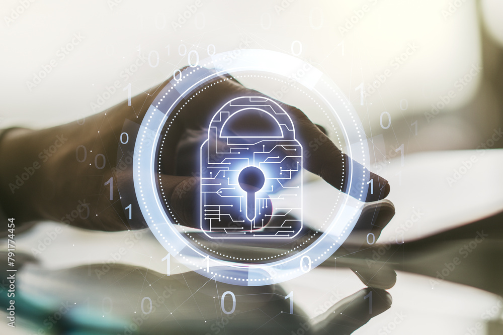 Poster creative lock illustration with microcircuit and finger presses on a digital tablet on background, c