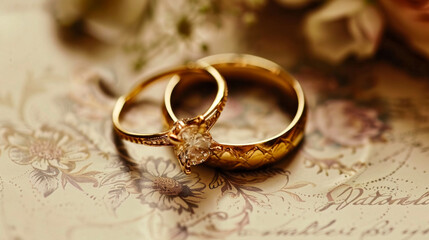 Obraz na płótnie Canvas Gold wedding rings with a diamond on patterned background