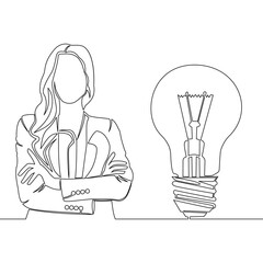 Continuous one single line drawing Young smart female and light bulb idea symbol icon vector illustration concept