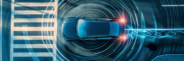 Aerial view of an autonomous self-driving car moving through a city street. Vehicle detection sensor