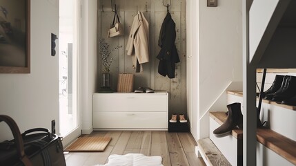 Minimalist Entryway Tidying Shoe Storage and Coat Hooks for a ClutterFree First Impression - obrazy, fototapety, plakaty