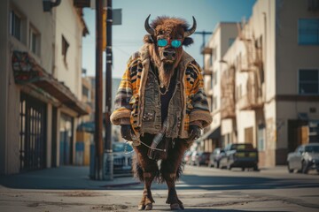 An anthropomorphic bison-headed character dressed in trendy urban streetwear struts confidently down a city alleyway