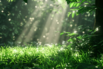 Sunlit Harmony: A Lush Green Meadow Basking in the Warmth of Golden Sunrays - obrazy, fototapety, plakaty