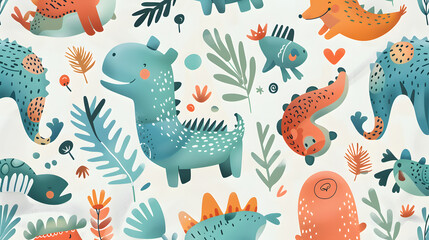 Cute seamless dino illustration, background