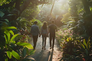 Three individuals stroll through a sunlit garden, evoking serenity and closeness to nature