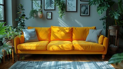 Stylish living room interior with modern comfortable sofa, plant and pictures