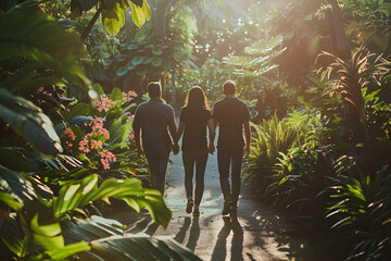 Three individuals stroll through a sunlit garden, evoking serenity and closeness to nature