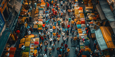 Busy Market Street Seen from Above with a Diverse Crowd of People Shopping and Walking at Different Times of Day