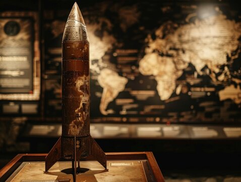 A vintage military rocket on display, with a world map in the background, inside a historical war museum.