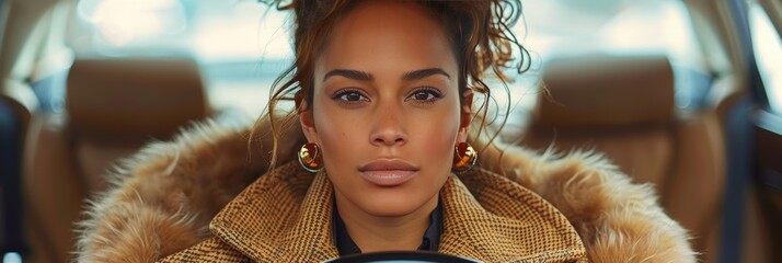 Woman confidently driving car: displaying control on urban streets.