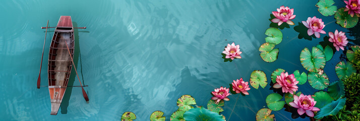 Aerial view of Lotus flowers and boats on the lake surface, panoramic view