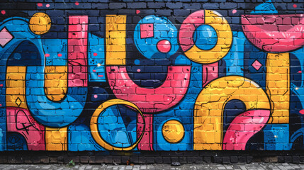 Abstract graffiti pattern on a brick wall in pink, blue and yellow colors. - 791777412